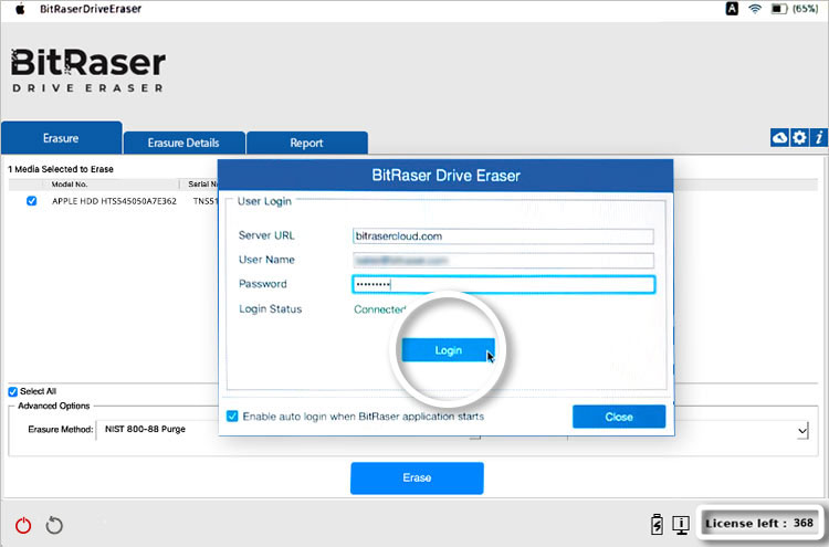 Enter BitRaser Cloud Console Credentials, then Click Login, then Click Close