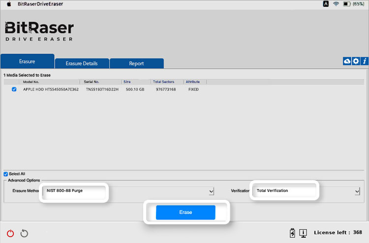 Select Erasure Method, Verification Type, then Click Erase