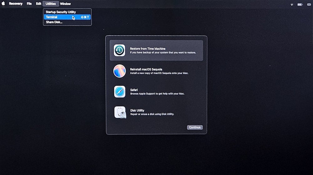 In the Mac Recovery Screen, go to Utilities and Select Terminal