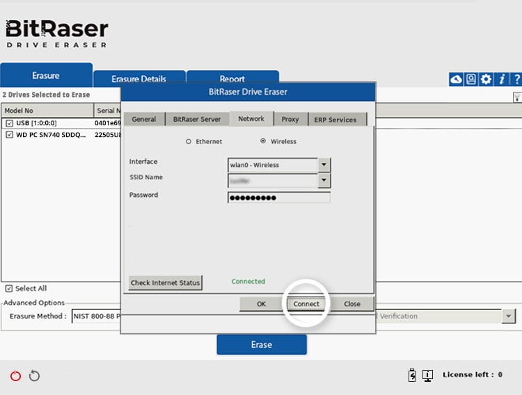 Verbinden Sie die BitRaser Drive Eraser Anwendung mit dem Internet