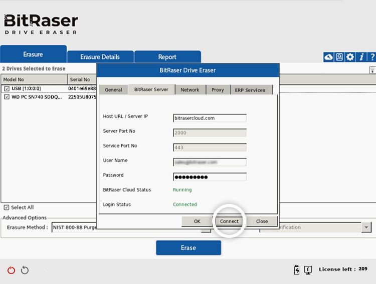 Verbinden Sie die BitRaser Anwendung mit dem BitRaser Server