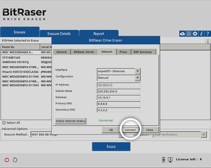 Connect  the BitRaser Application to the Internet via Ethernet