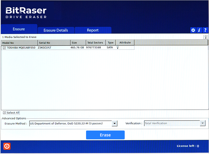 BitRaser Drive Eraser Home screen showing the drives  available for wiping