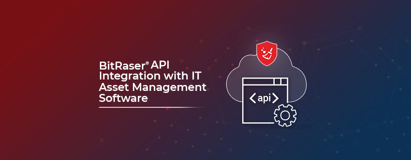 Image showing API icon interacting with BitRaser Cloud with text on left BitRaser API integration  with IT asset management software
