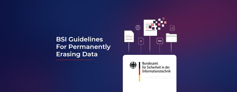Visual representation of BSI guidelines for permanently erasing data, featuring the Bundesamt für Sicherheit in der Informationstechnik (BSI) logo and icons of digital files being securely deleted.