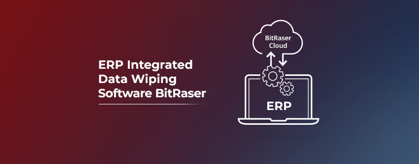 Image showing seamless integration of BitRaser Cloud with a laptop on the right side, and ERP Integrated Data Wiping Software BitRaser text on the left side