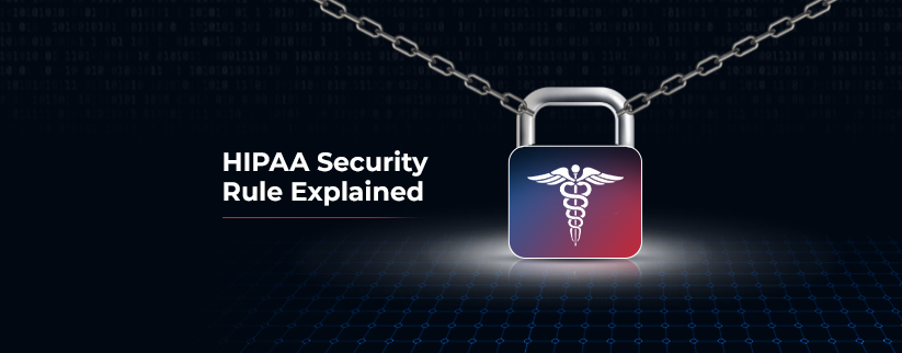 Illustration of a padlock with the medical caduceus symbol, secured by a chain, representing HIPAA Security Rule