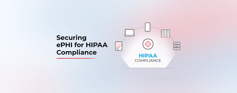 Illustration showing devices and a secure network around a HIPAA compliance icon with the text 