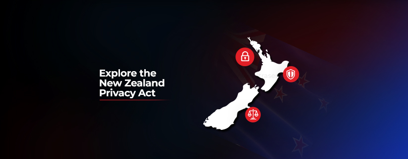 An image of a geographical map of New Zealand displayed on a pale New Zealand flag, surrounded by three icons: a lock, a privacy shield, and a weighing scale symbolizing law. On the left side, the tex