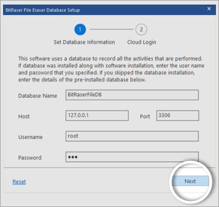 BitRaser File Eraser Network Database Setup screen Next button highlighted