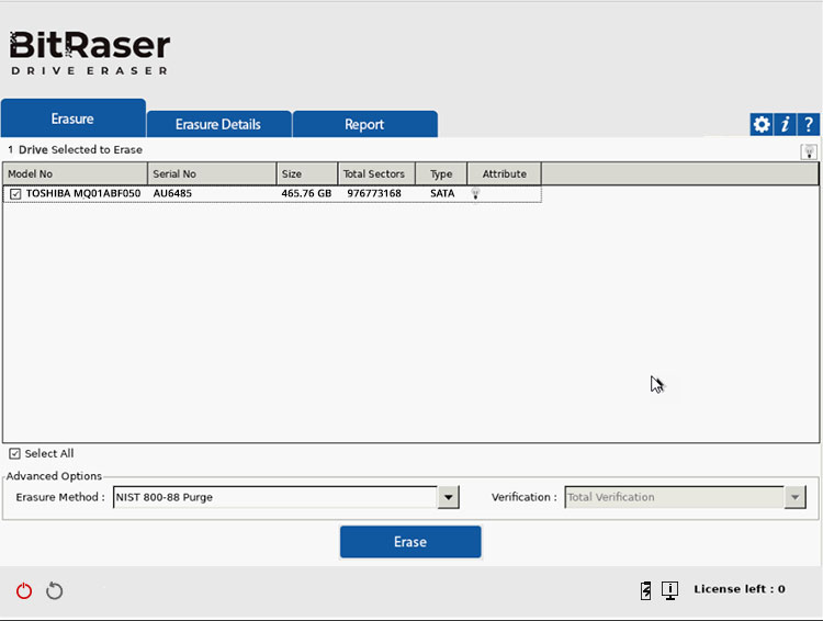 BitRaser Drive Eraser main screen on the Erasure tab and showing connected drives 