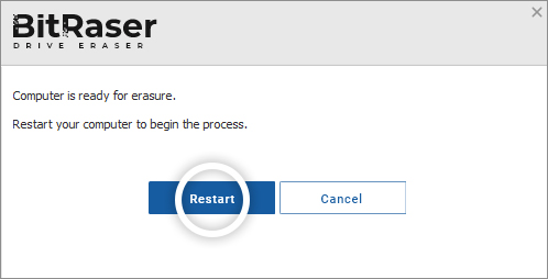 BitRaser Drive Eraser computer is ready for erasure screen with Restart button highlighted