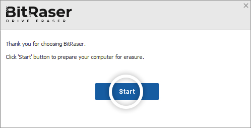 BitRaser Drive Eraser preparing computer for erasure screen with Start button highlighted