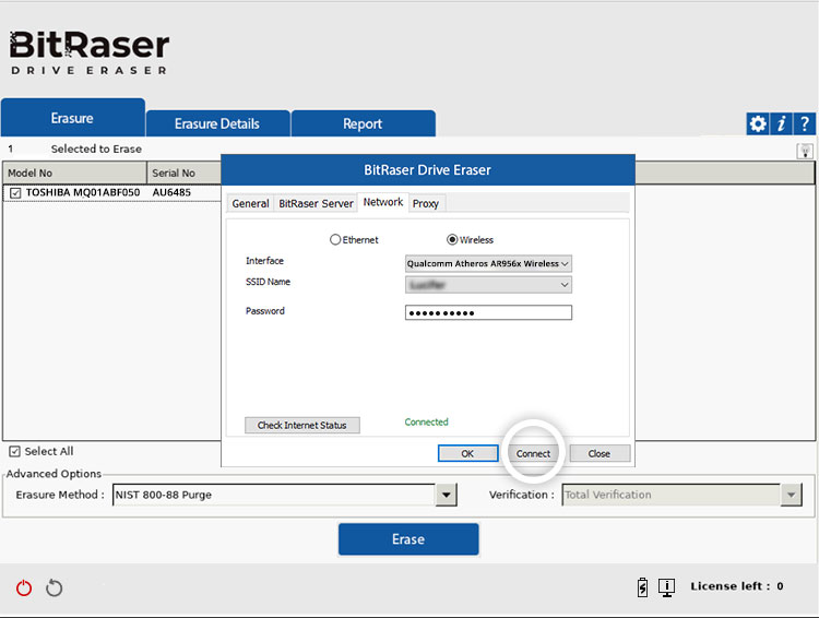 BitRaser Drive Eraser network tab showing a wireless connection to internet and Connect button highlighted