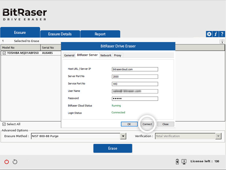 BitRaser Server tab with BitRaser cloud details and Connect button highlighted