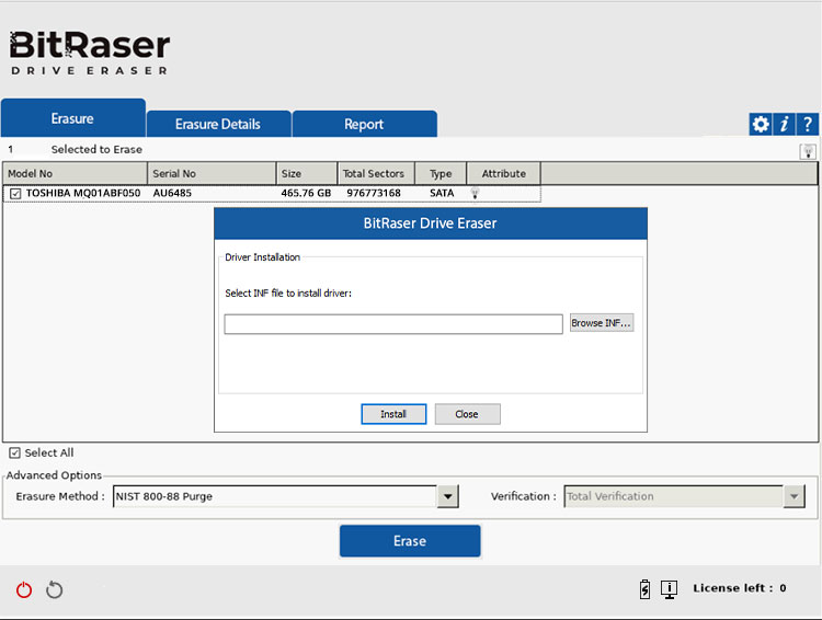 Select INF file to install driver screen with a button to browse for the INF file and Install it BitRaser Drive Eraser