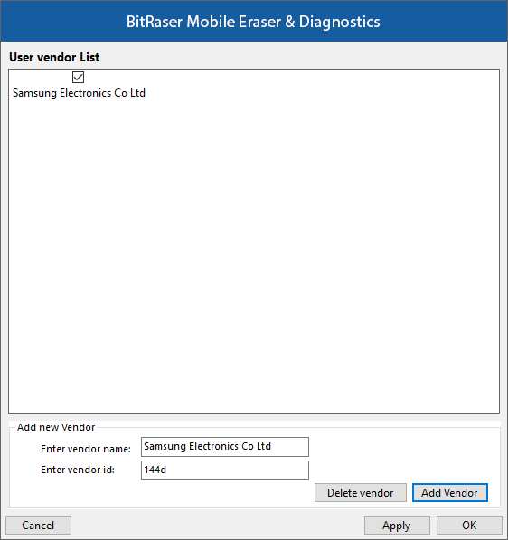 Add Vendor Name and ID Then Click Add Vendor BitRaser Mobile