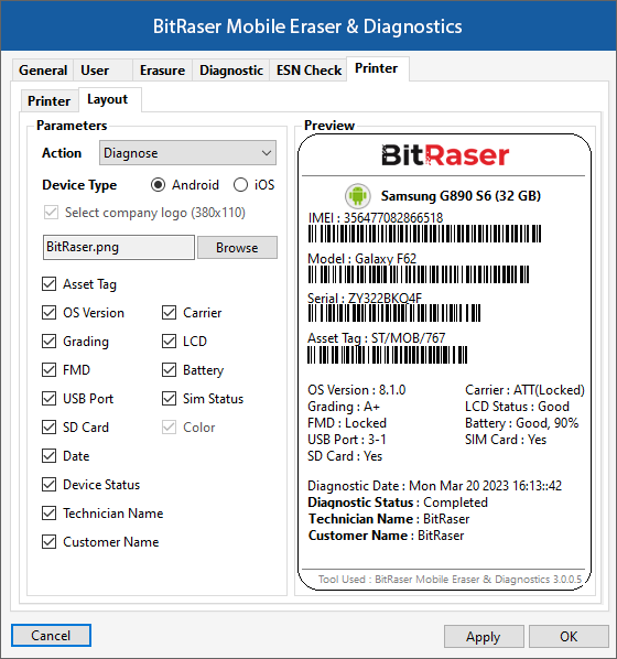 Diagnose Layout Tab BitRaser Mobile