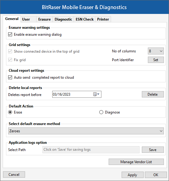 General Settings Tab BitRaser Mobile