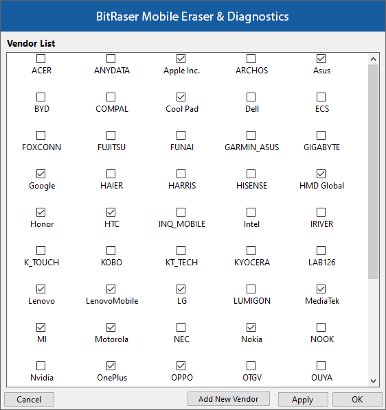 Vendor List Screen BitRaser Mobile