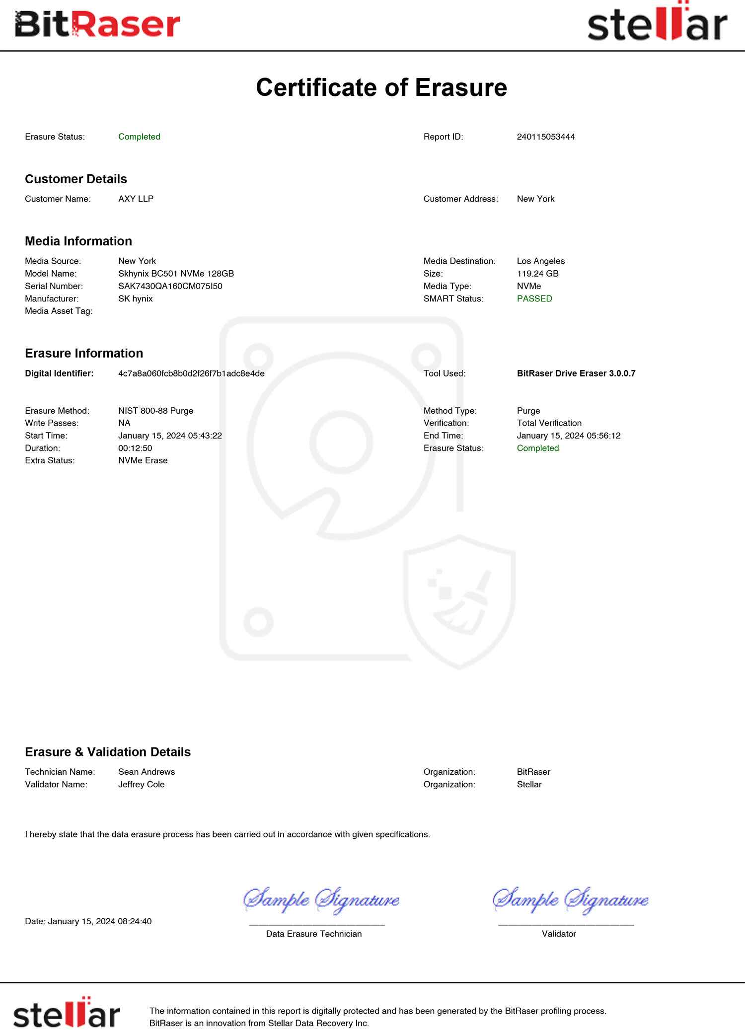 BitRaser Drive-Eraser SampleCertificate