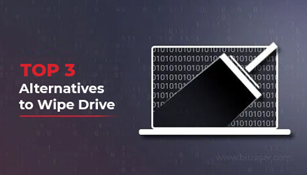 Thumbnail image that shows a laptop on right that has 1s and 0s on the screen being wiped with a wiper and text on left Top 3 Alternatives to Wipe Drive