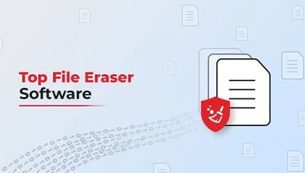 The image shows multiple files on the right side and has the BitRaser data wiping broom at the bottom and shows the text Top File Eraser Software on left side