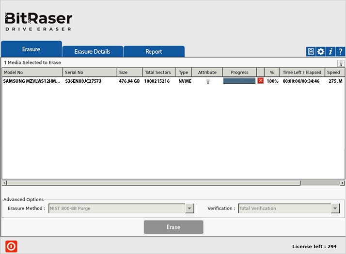 BitRaser Drive Eraser Benutzeroberfläche