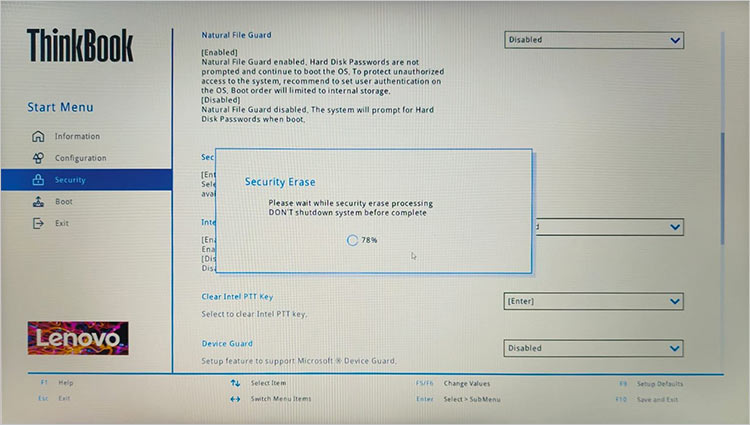 Secure Erase Progress Screen