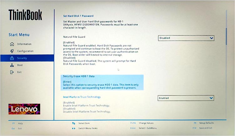 In the UEFI Boot Menu Select Security Erase Data