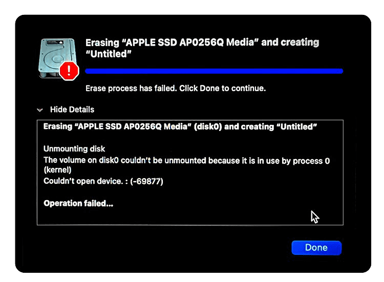 Erasing Apple SSD failed screen M1 Mac