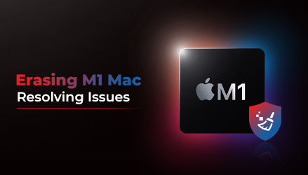 Erasing M1 Mac Resolving Issues written on left side and an M1 chip image with BitRaser Shield on right