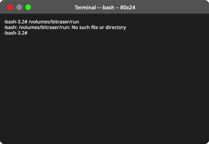 M1 Mac terminal screen with the command /volumes/bitraser/run and the message No such file or directory