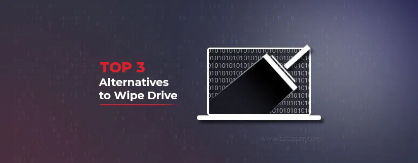 Image showing a laptop on right with 1s and 0s on screen being erased with a wiper and text on left Top 3 Alternatives to Wipe Drive