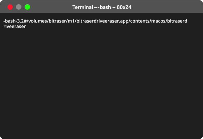 M1 Mac terminal screen with the long command to execute BitRaser application 