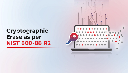 On the left is the blog title, Cryptographic Erase as per NIST 800-88 Rev.2 and on the right is a graphic depicting CE being performed on a laptop to erase data.
