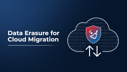 An image showing a cloud icon with a binary code background. It has the BitRaser favicon shield symbol and upward/downward arrows, accompanied by the text 'Data Erasure for Cloud Migration' on a dark blue gradient.