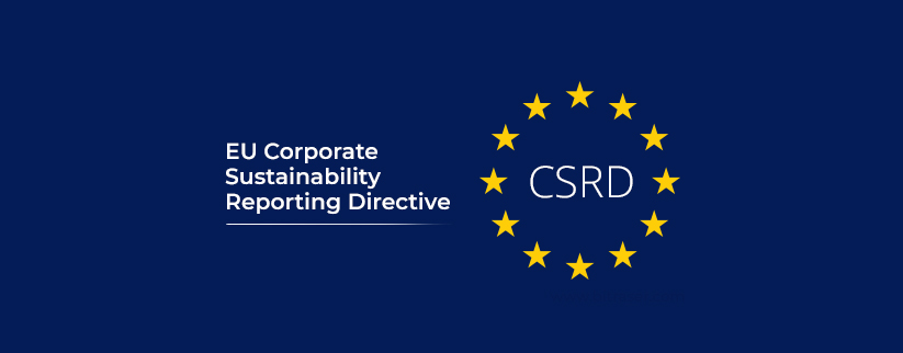 The image has a circle of yellow stars from the European Commission  logo with the text -  CSRD in its center, on the right, and the title of the blog EU-Corporate Sustainability Reporting Directive, on the left.