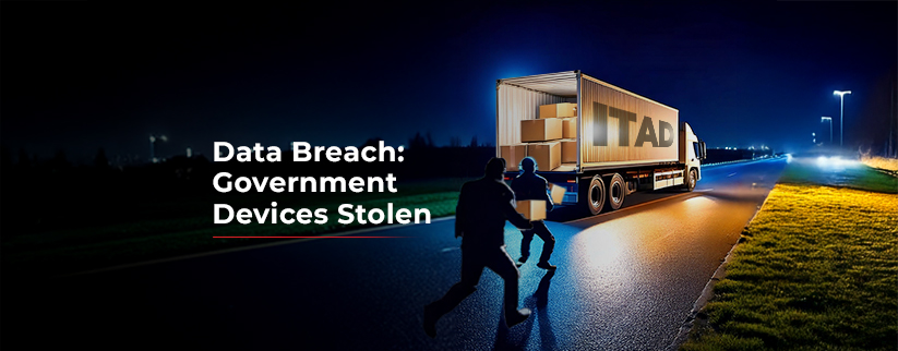 Illustration depicting a data breach involving stolen government devices, highlighting cybersecurity concerns.