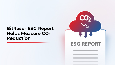 The BitRaser ESG Report Helps Measure CO2 Reduction is the blog title which is placed on the left of the image. On the right, a graphic of a red-blue gradient-colored cloud with CO2 and a declining graph lays on top of an ESG Report depicted by a lined paper.