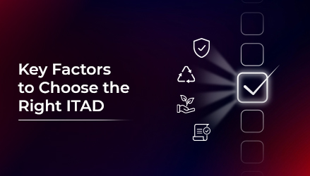 The title "Key Factors to Choose the Right ITAD" is on the left and on the right, there are icons for data security, circular economy, environmental sustainability, and compliance, with a tick in a square denoting how SPVM leaders select the right ITAD.