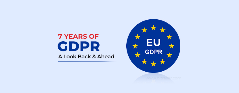 Seven years of GDPR, the blog title is on the left, with a circular graphic similar to the European Commission flag, is on the right.  
