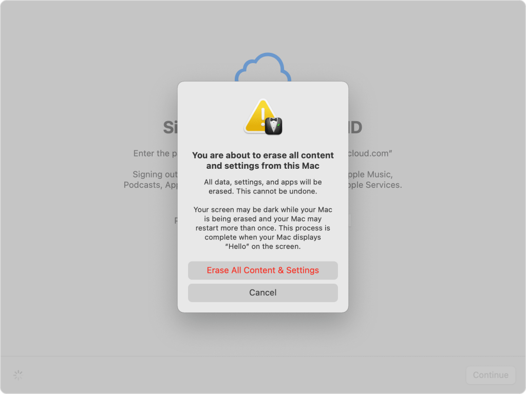 Erase All Content & Settings Screen Prompt Mac