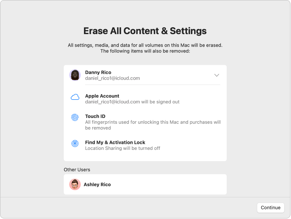 Erase All Content & Settings Screen Mac