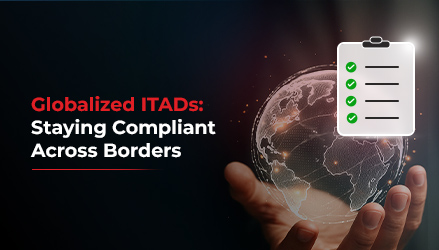 A Global ITAD stays compliant across borders, the blog title for the thumbnail is on the left and the graphic depicting compliance with a checklist on top of a hand holding a globe is on the right.