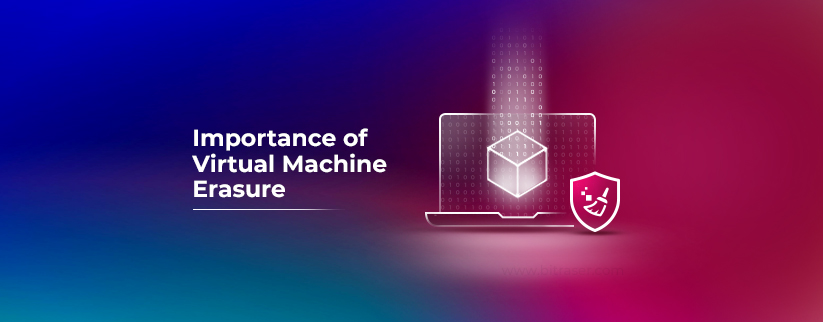Illustration of a laptop with a virtual machine cube and BitRaser favicon icon, highlighting the importance of virtual machine erasure.