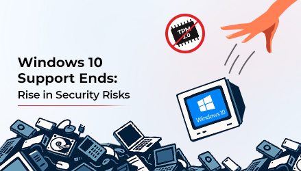 Windows 10 end of support will increase security risks, leaving millions of devices useless. The image includes blog relevant text graphic of PCs and laptops being dumped in landfills.