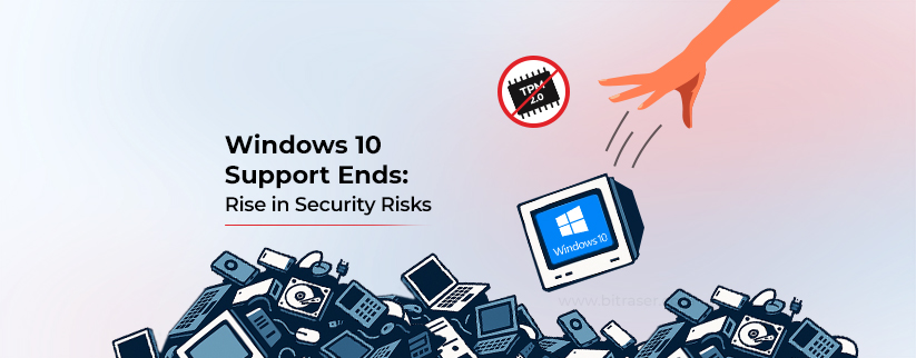 Windows 10 end of support will increase security risks and leave millions of devices useless. The image includes graphic of PCs and laptops being dumped in landfills.