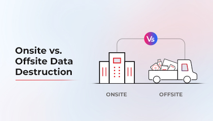Onsite data destruction vs offsite data destruction blog thumbnail displays a comparison between the two depicted by data destruction conducted in-house and IT assets being transported to an ITAD, respectively.