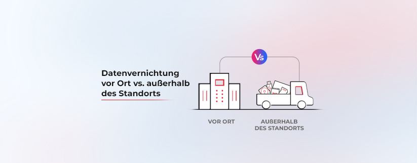 Datenvernichtung vor Ort vs. außerhalb des Standorts – Text mit Lkw und Gebäude